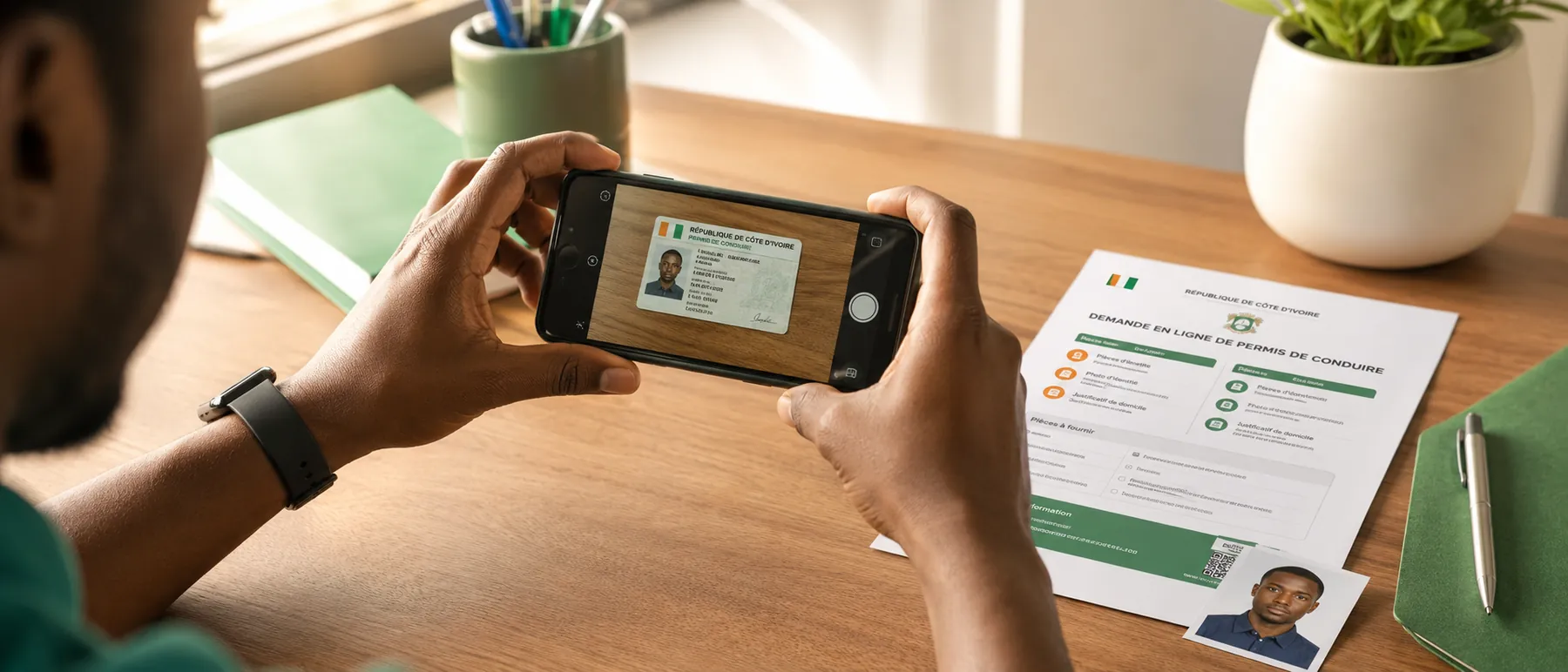 Candidat photographiant son permis de conduire avec un téléphone