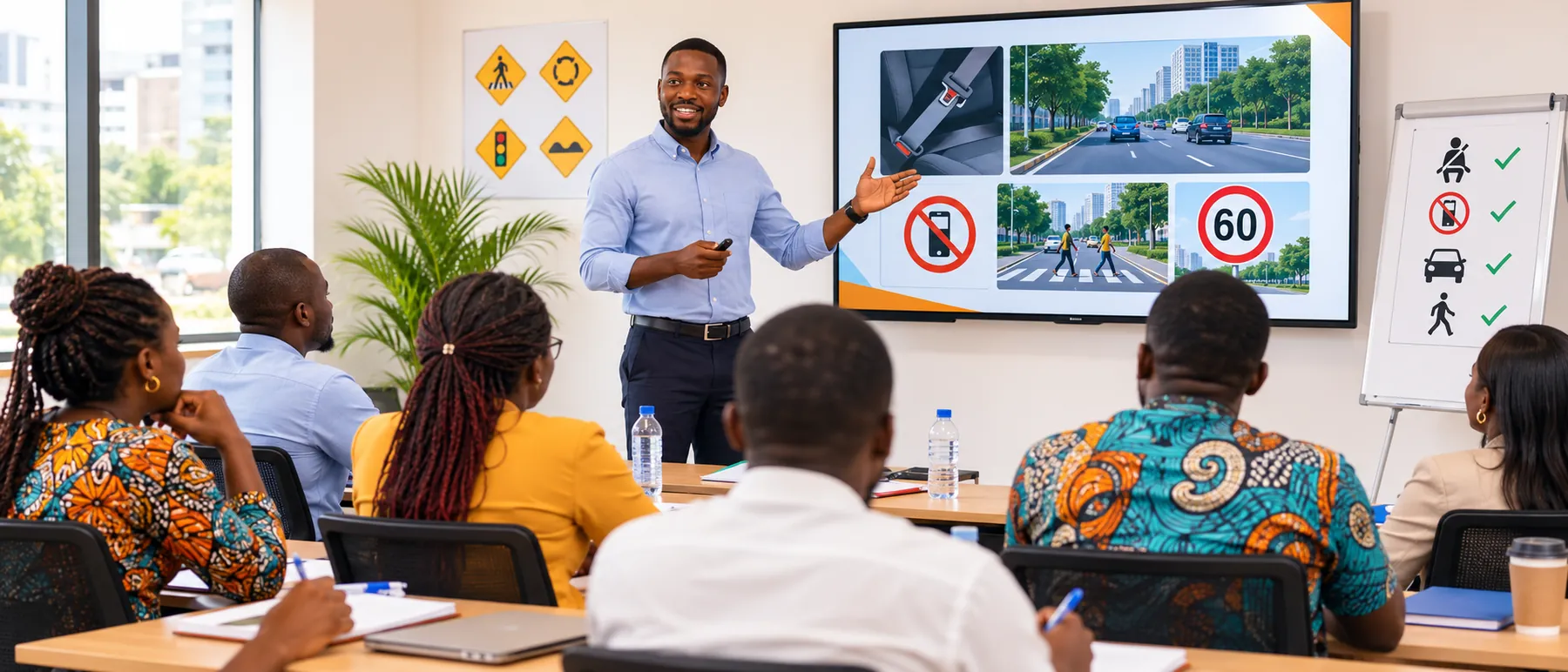 Session de formation à la sécurité routière animée par un formateur